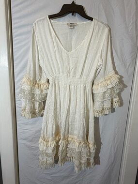 Free Size (M) Zury Boho Ivory Ruffle Lace Mini Dress